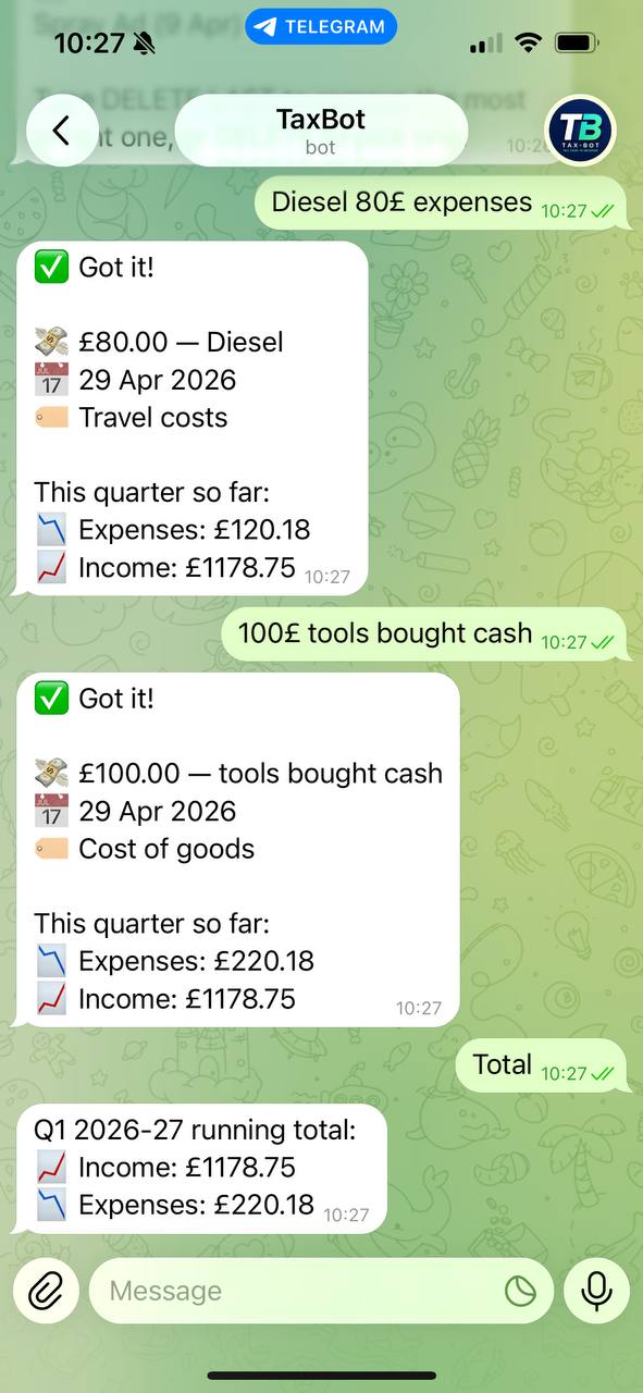 TaxBot confirming expenses and running totals