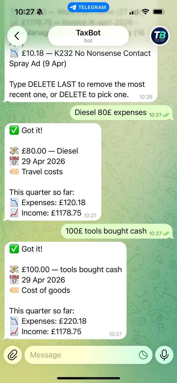 TaxBot logging expenses by text